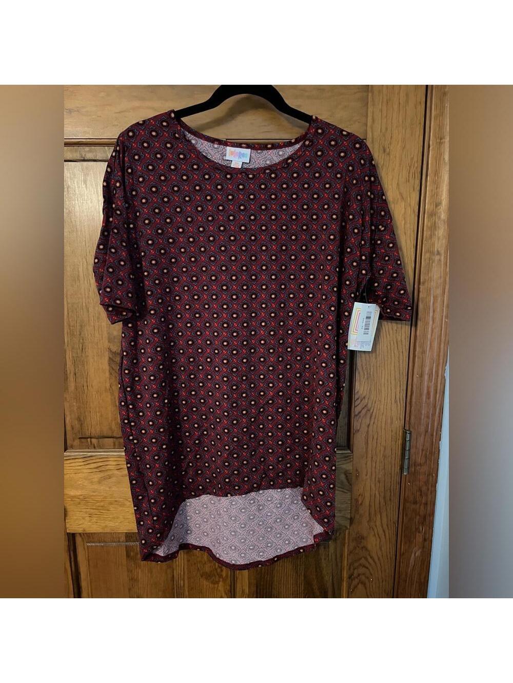LuLaRoe Irma Tunic Top Shirt Fitted Sleeves High Low Loose Maroon Black XS NWT